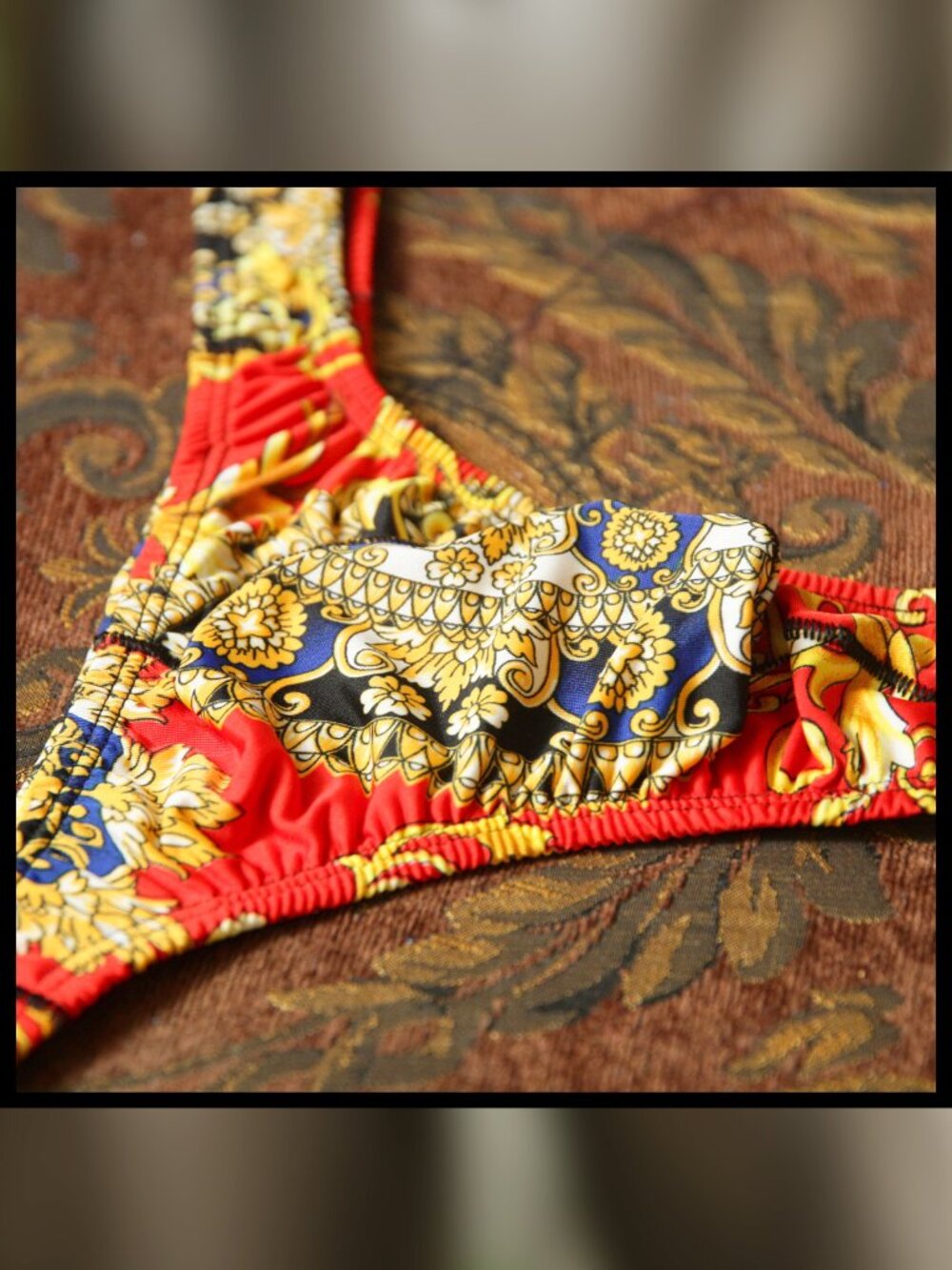 Mens SALE Flaw on Orange Ornate Print 1 1/4 sides Thong Handmade - Picture 5 of 6